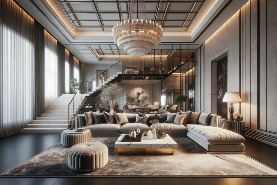 luxurious living room in a modern mansion, designed with high ceilings, an open and spacious layout, and an elegant, minimalist style.