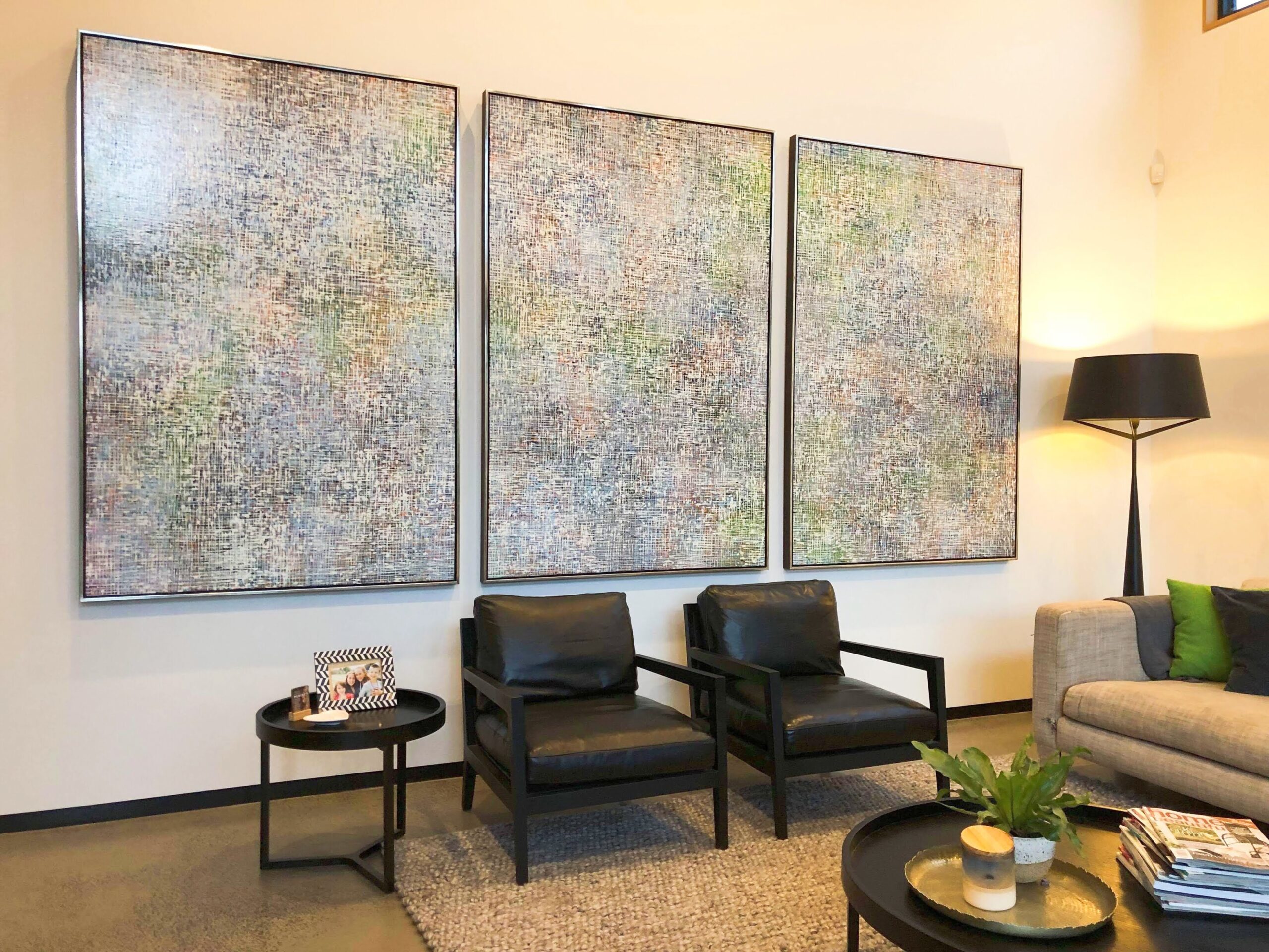 The triptych painting by Wilson Lin is featured in the client's living room. 
It's definitely a wow factor.