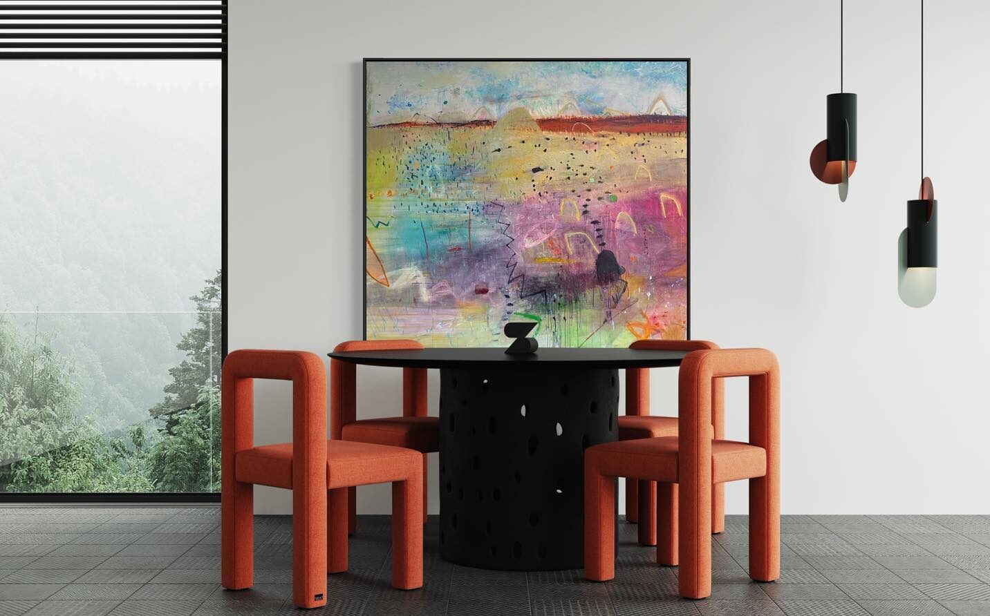 dinning room art red luxurious look. abstract art layering behind the dinning table