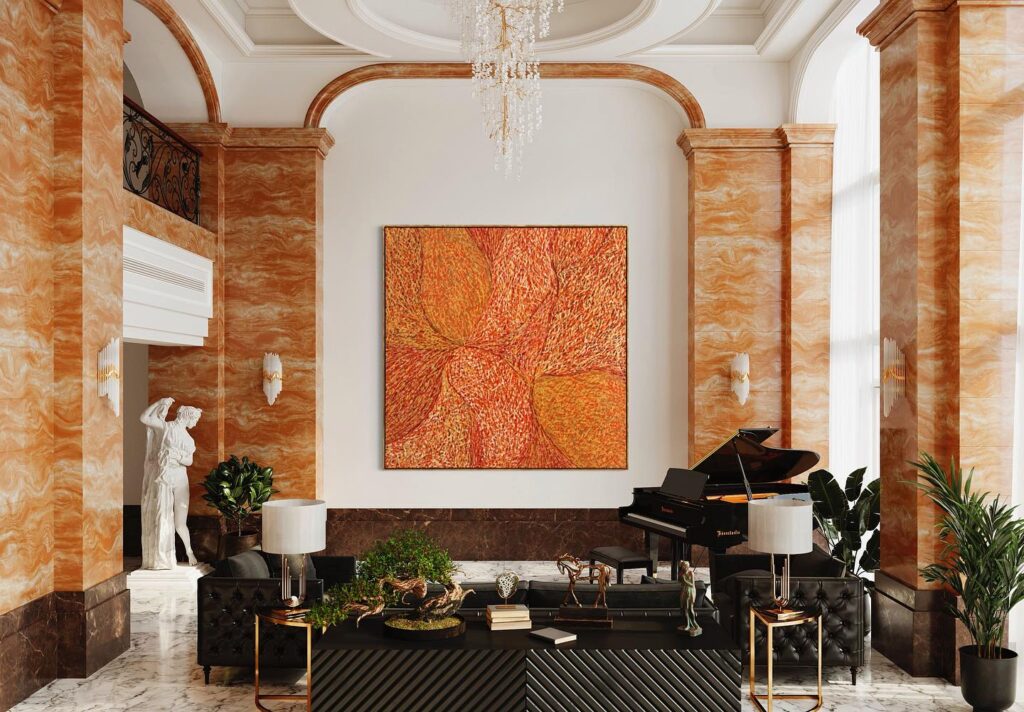 Consider Composition and Proportion to Achieve Modern Mansion Look
Thierry B fine art. Orange abstract painting in the lobby