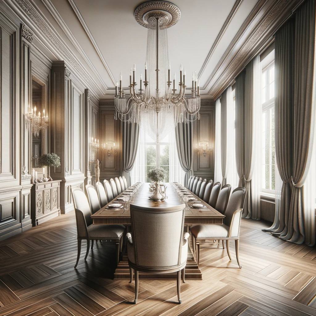 sophisticated dining area in a mansion. The rooms dimensions are evident with a long wooden dining table that can accommodate ten people