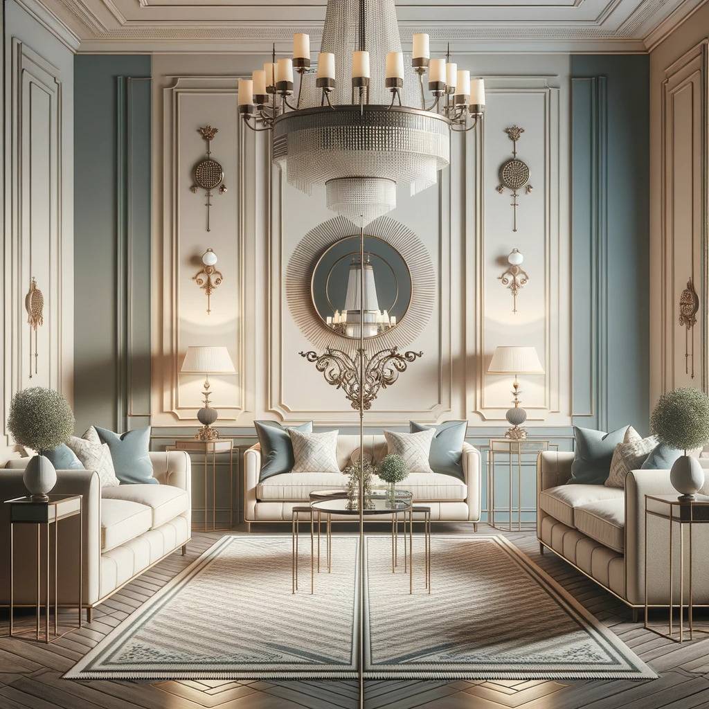 symmetrical-composition-showcasing-a-room-with-a-central-chandelier-twin-sofas-placed-identically-on-either-side-and-matching-side-table