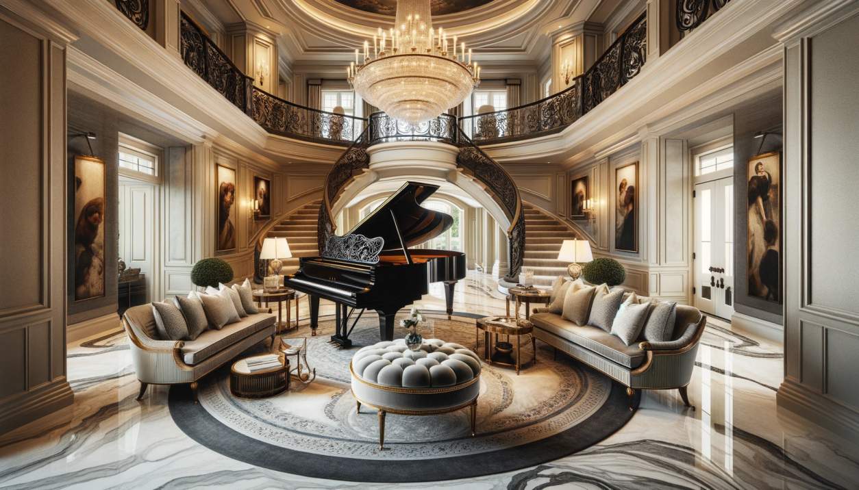 Add an Extra Layer of Elegance by Styling Your Foyer with Grand Pianos and Ottomans