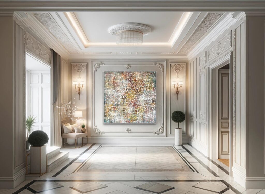 stylishly detailed and decorated foyer with a contemporary artwork by Wilson Lin